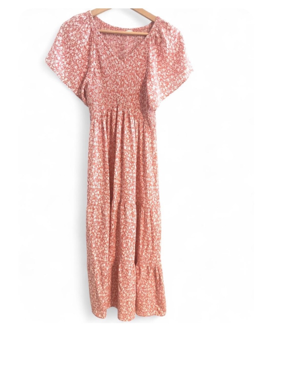 Pinup Fashion Sz S Prarie pink cream floral midi dress, smocked bodice flutter